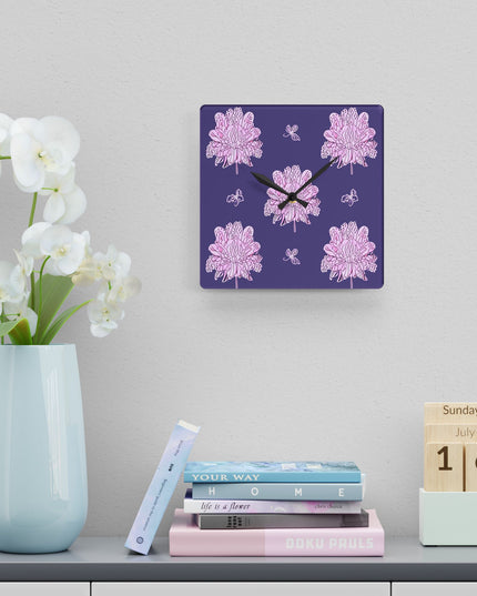 Magenta Floral Butterflies Acrylic Wall Clock, Round or Square, 10.75" x 10.75"