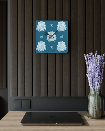 Tif Green White Floral Butterflies Acrylic Wall Clock, Round or Square, 10.75" x 10.75"