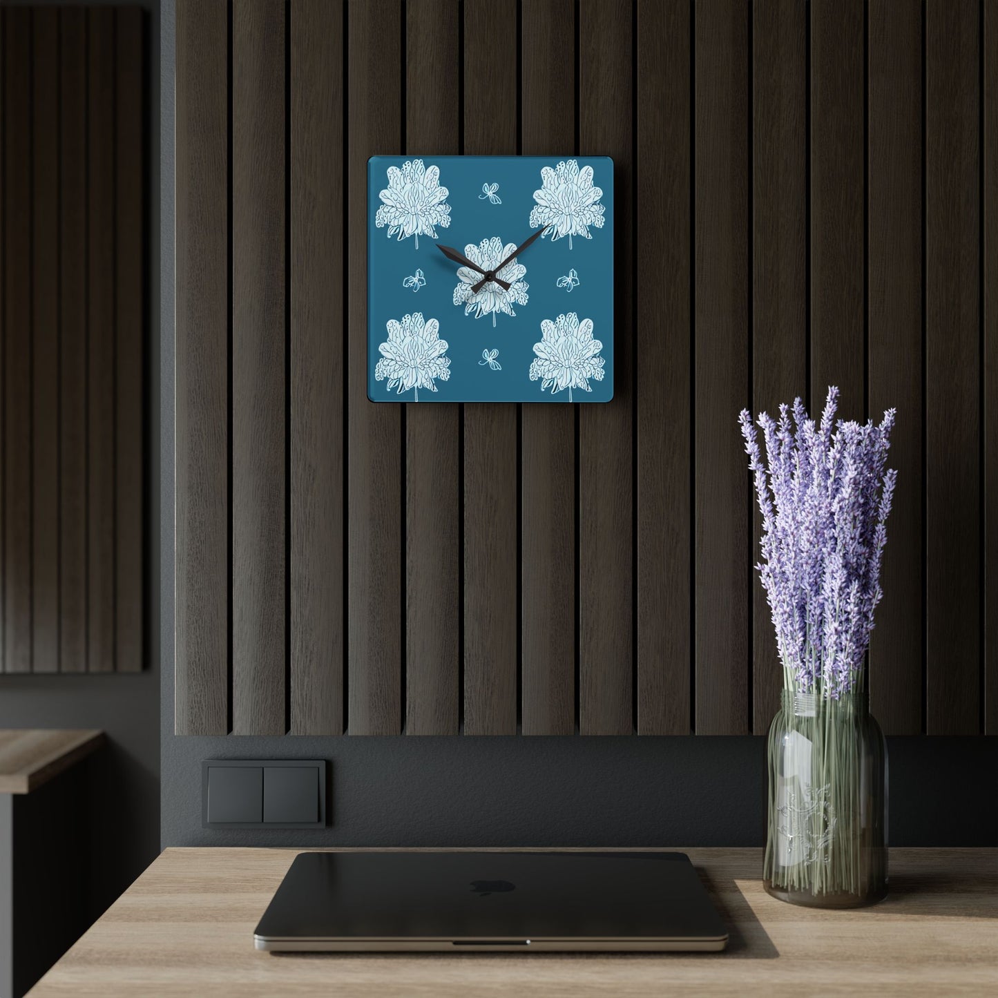 Tif Green White Floral Butterflies Acrylic Wall Clock, Round or Square, 10.75" x 10.75"