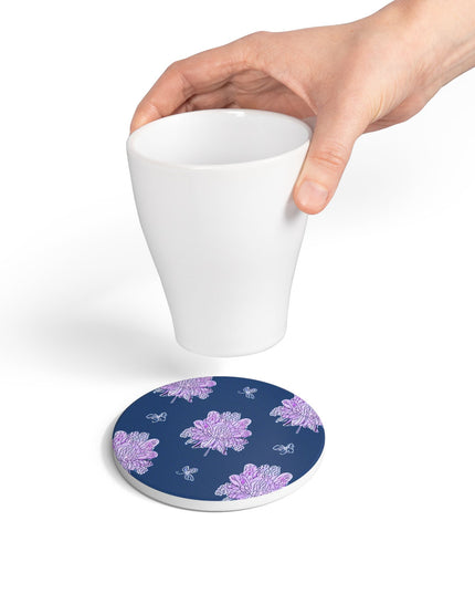 Purple White Floral Butterflies 4" x 4" Round Ceramic Coaster