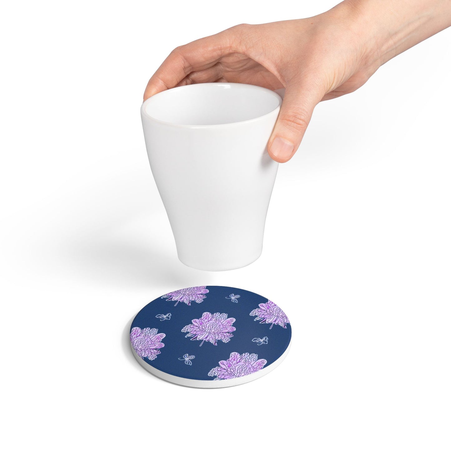 Purple White Floral Butterflies 4" x 4" Round Ceramic Coaster