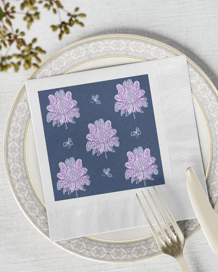 Purple White Floral Butterflies White Coined Napkins, 6.5" x 6.5"