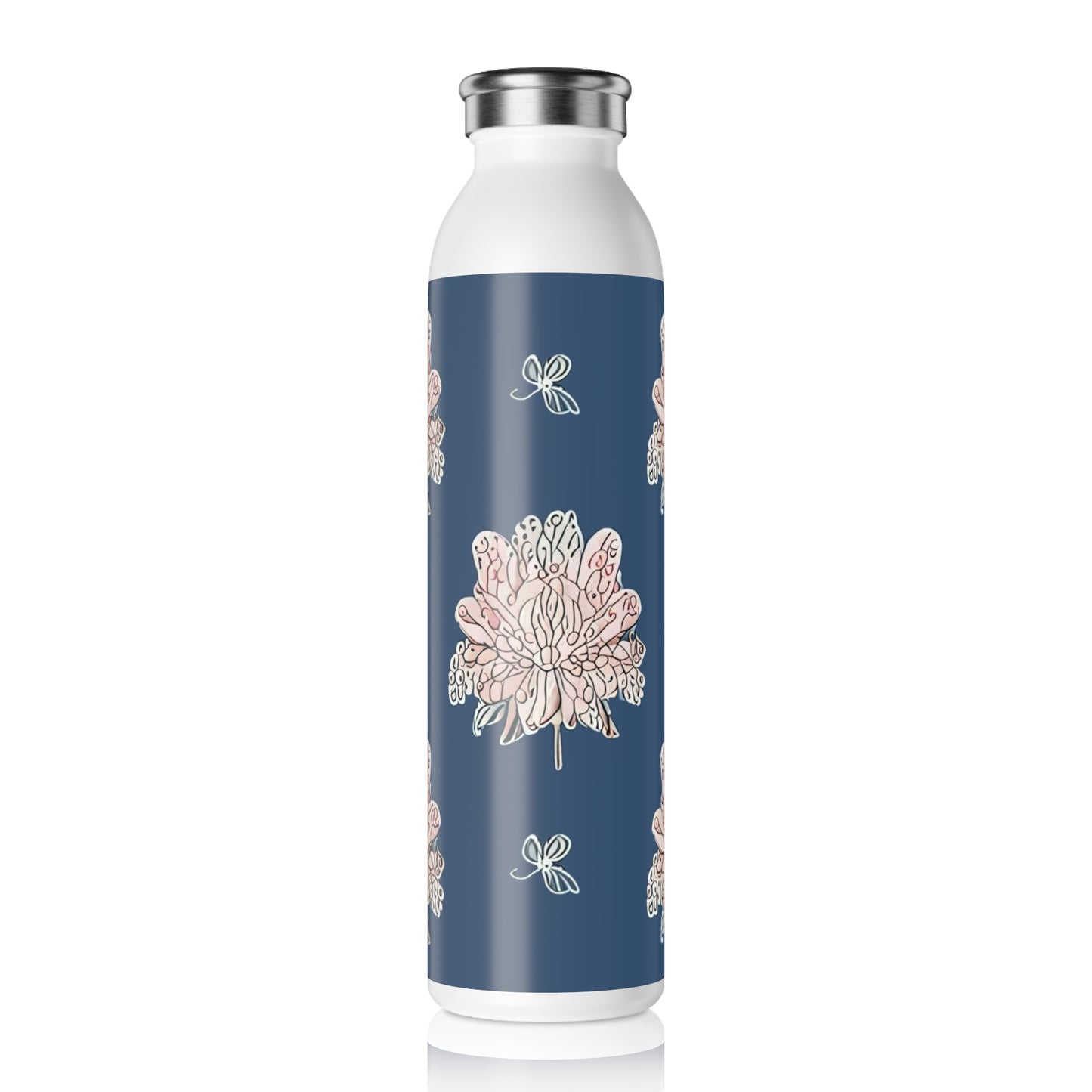 Rose White Floral Butterflies Slim Water Bottle, 20 oz White