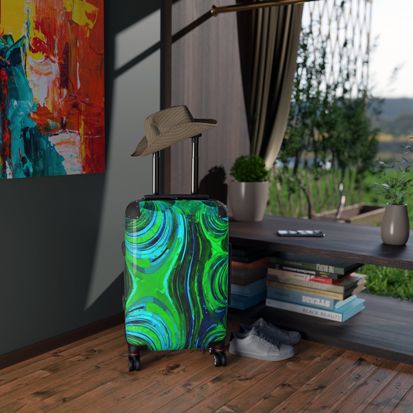 Uzi Spiral Blue Green Small Suitcase with built in lock, 4 double-wheels, telescopic handle, and ABS back hard-shell