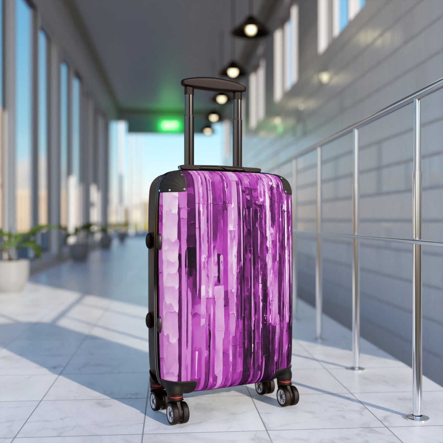 Striped Powder Lavender Small Suitcase with built in lock, 4 double-wheels, telescopic handle, and ABS back hard-shell