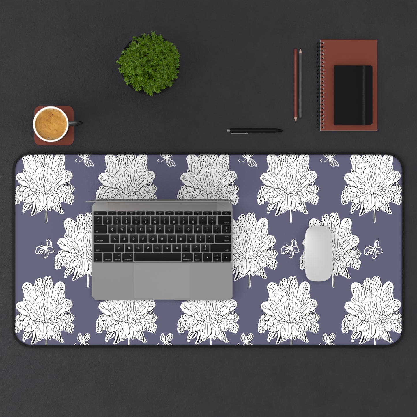White Floral Butterflies 16" x 32" Desk Mat