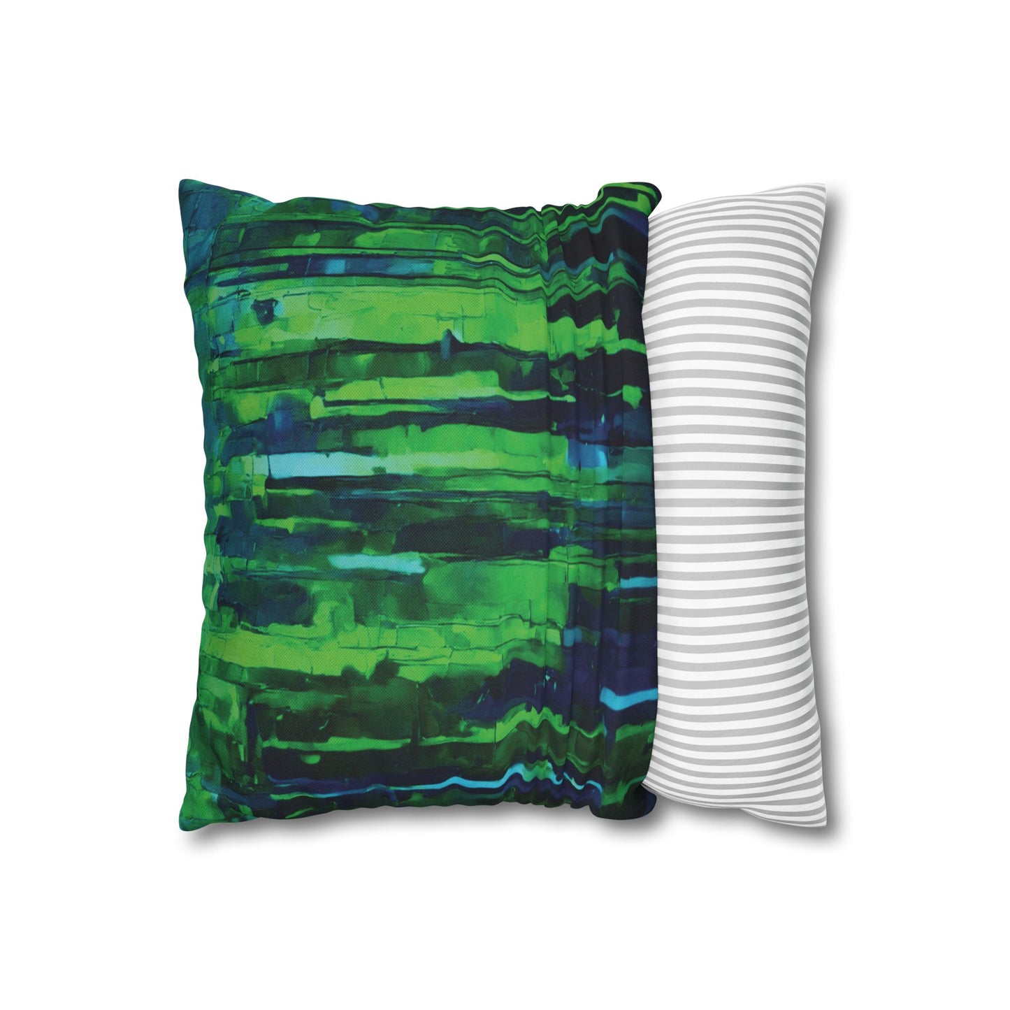 Striped Blue Green Spun Polyester Square Pillowcase, 14" x 14"