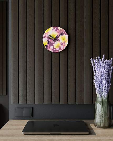 Lemon Blossom Floral Bunch Acrylic Round Wall Clock, 8" x 8"