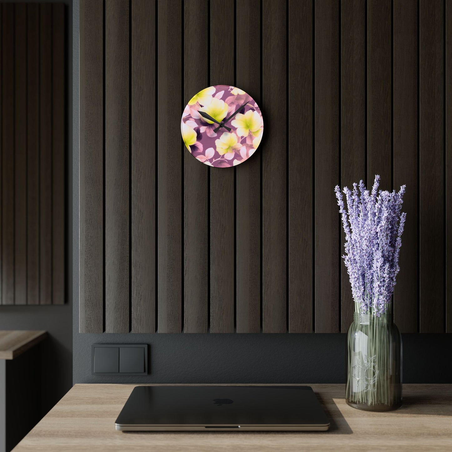 Lemon Blossom Floral Bunch Acrylic Round Wall Clock, 8" x 8"