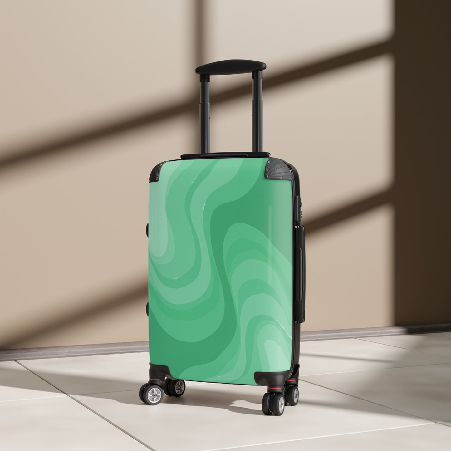 Mint Green Wavey Small Suitcase with built in lock, 4 double-wheels, telescopic handle, and ABS back hard-shell