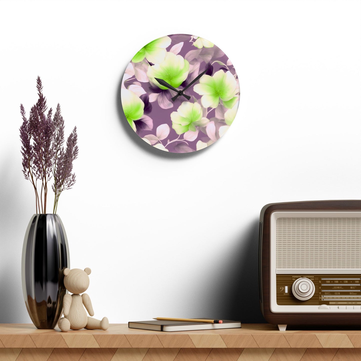 Lime Lavender Floral Bunch Acrylic Wall Clock, Round or Square, 10.75" x 10.75"