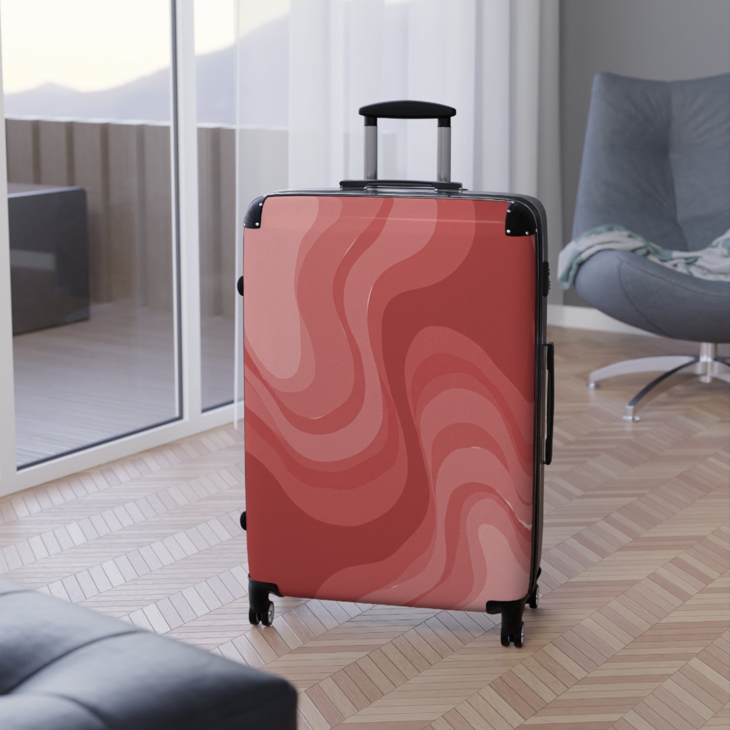 Power Red Wavey Large Suitcase with built in lock, 4 double-wheels, telescopic handle, and ABS back hard-shell