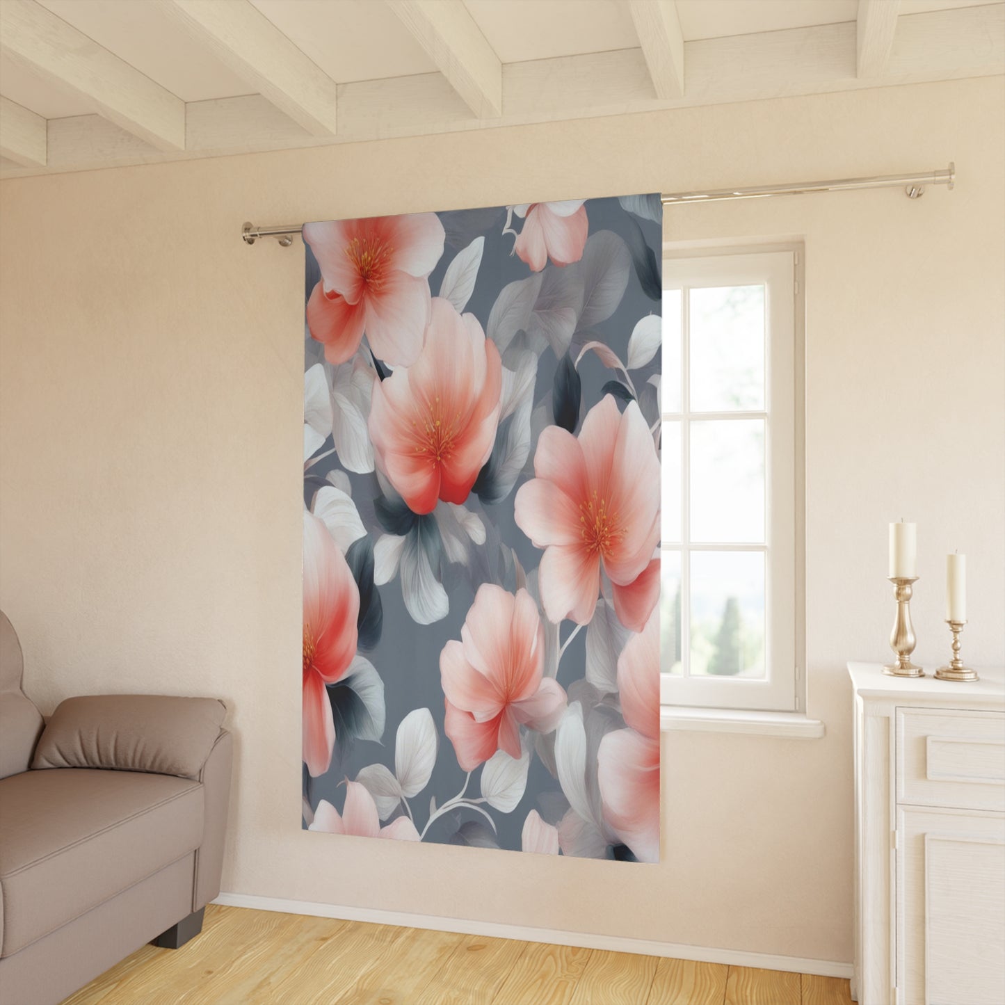 Red Blossom Floral Bunch Window Curtain, 50" x  84", blackout