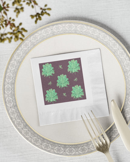 Mint Green Floral Butterflies White Coined Napkins, 4.8" x 4.8"