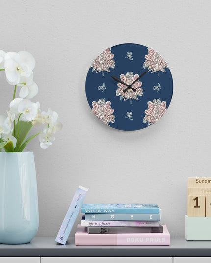 Rose White Floral Butterflies Acrylic Wall Clock, Round or Square, 10.75" x 10.75"