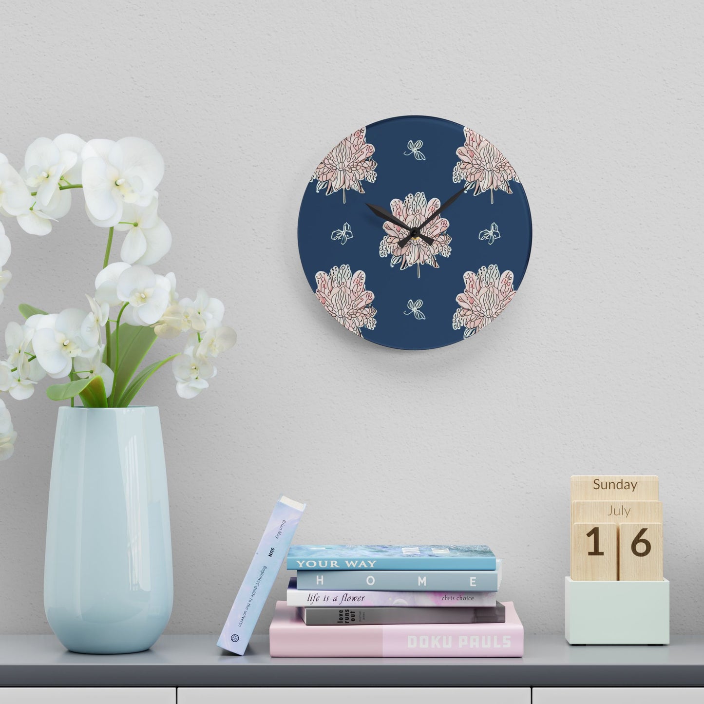 Rose White Floral Butterflies Acrylic Wall Clock, Round or Square, 10.75" x 10.75"