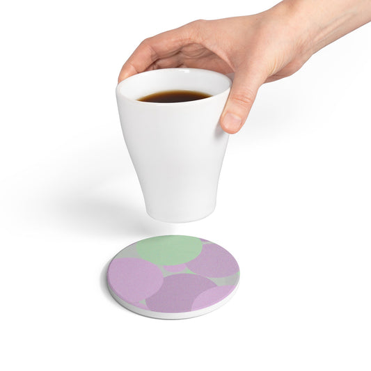 Pastel Lavender Purple and Soft Green Patches 4" x 4" Round Ceramic Coaster