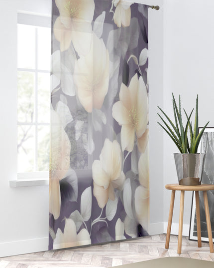 White Blush Floral Bunch Sheer Window Curtain, 50" x 84", partially transparent