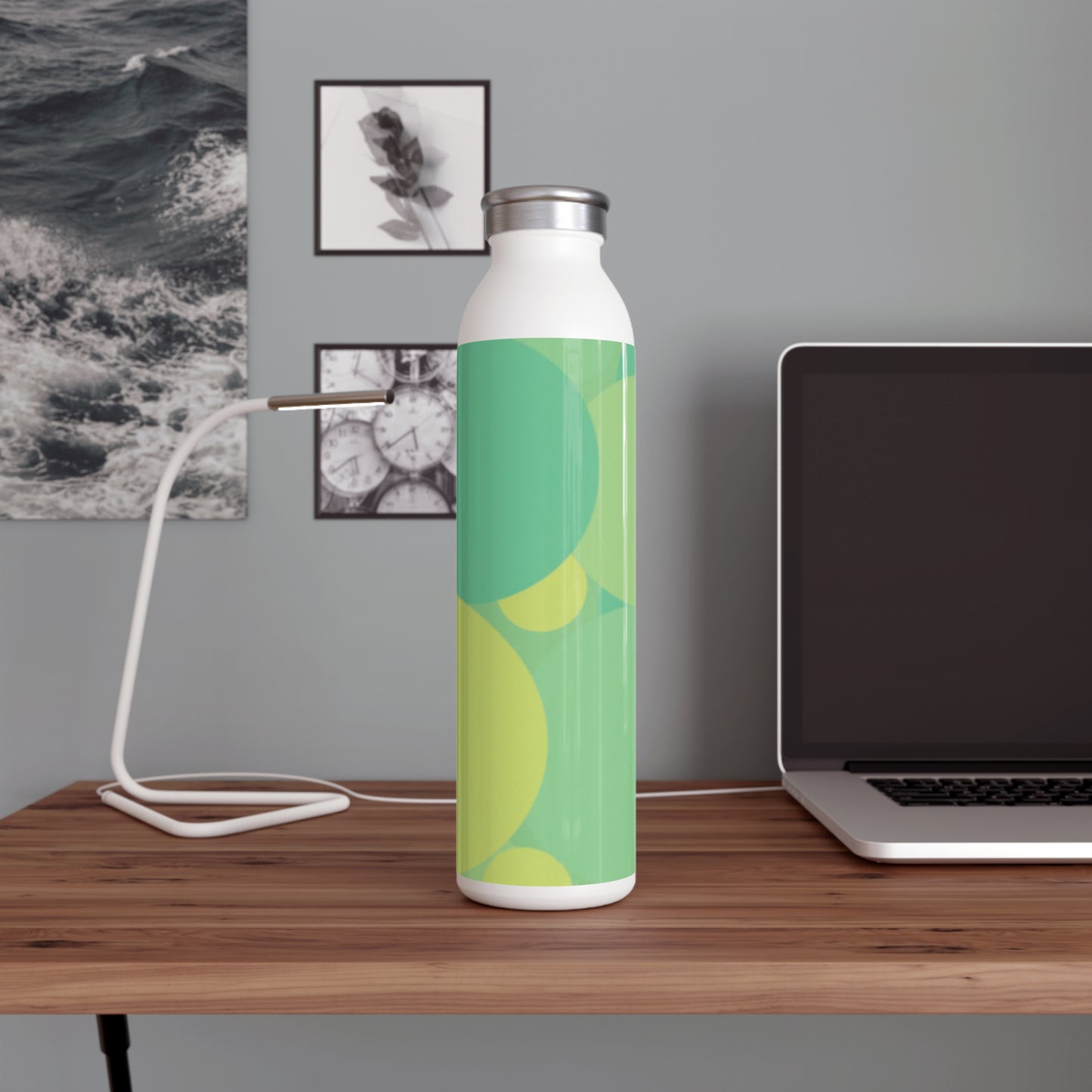 Pastel Green Patches Slim Water Bottle, 20 oz White