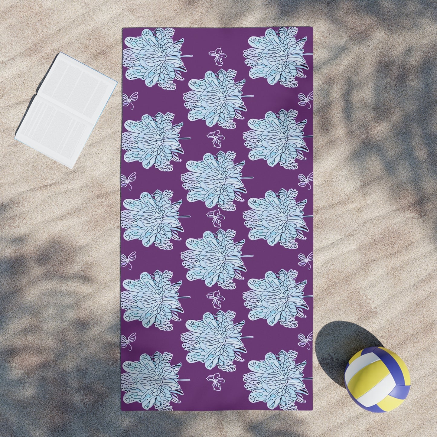 Blue Floral Butterflies Beach Towel, 30" x 60"