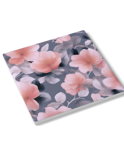 Peach and Blue Gray Floral Bunch Square Ceramic Coaster, 4" x 4"
