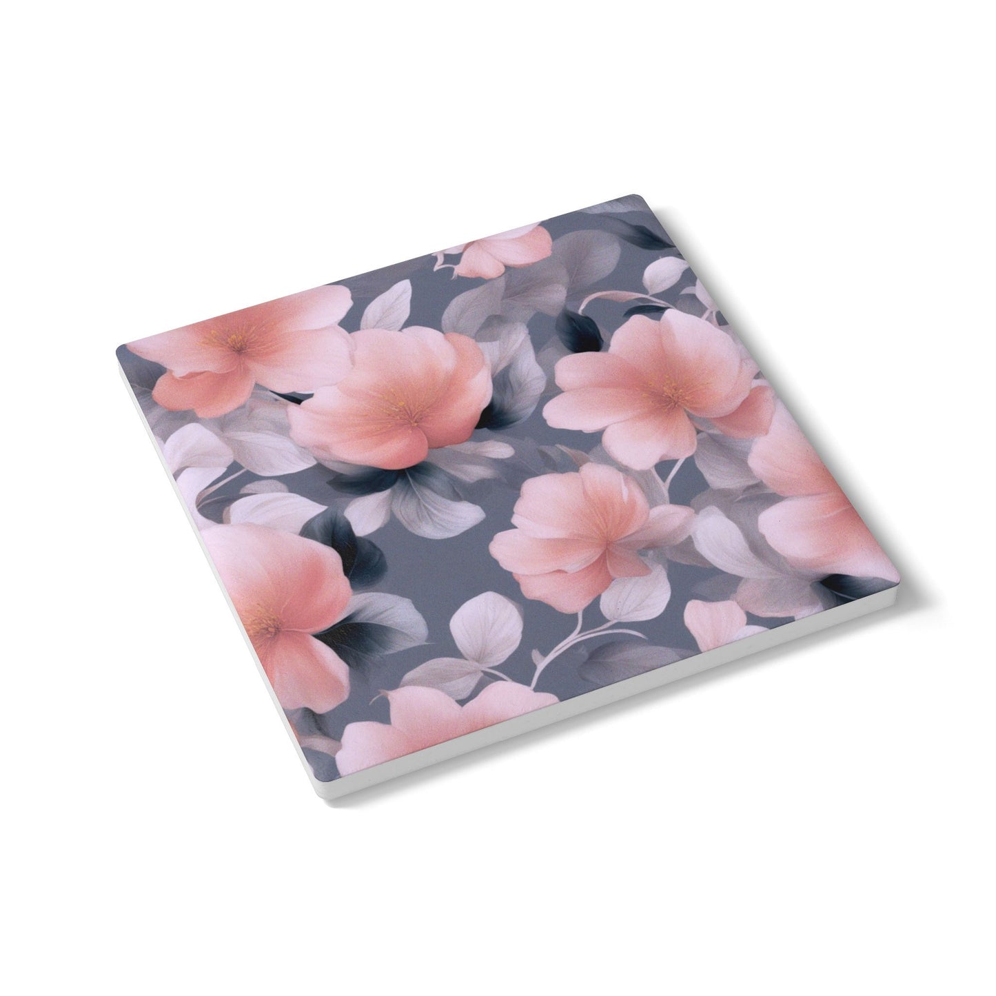 Peach and Blue Gray Floral Bunch Square Ceramic Coaster, 4" x 4"