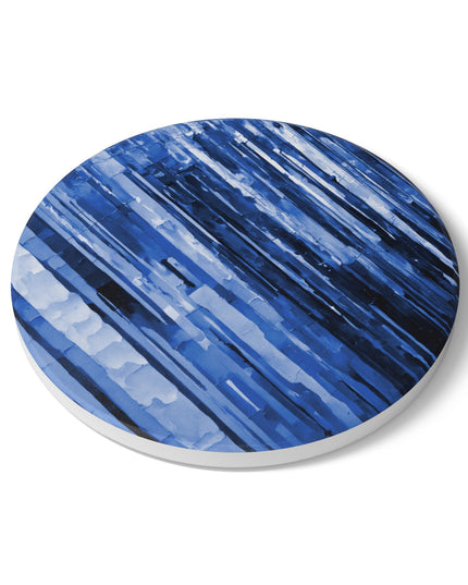 Striped Deep Blue 4" x 4" Round Ceramic Coaster