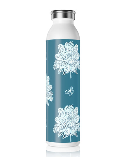 Tif Green White Floral Butterflies Slim Water Bottle, 20 oz White