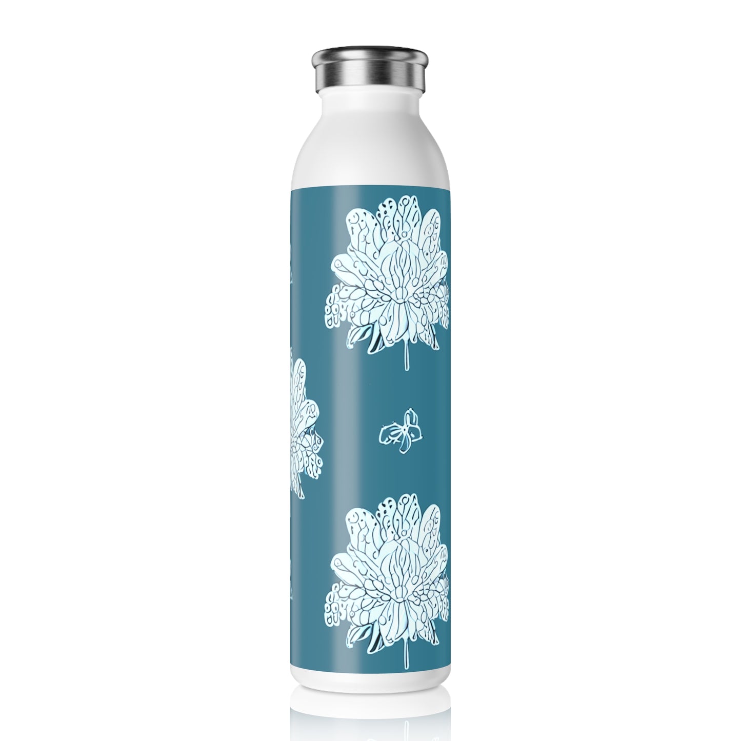 Tif Green White Floral Butterflies Slim Water Bottle, 20 oz White