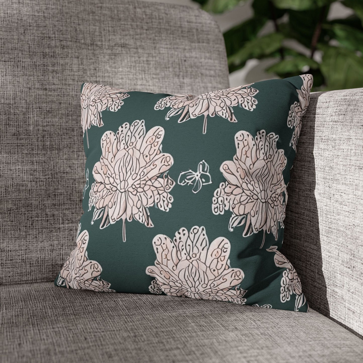 Soft White Floral Butterflies Spun Polyester Square Pillowcase, 14" x 14"