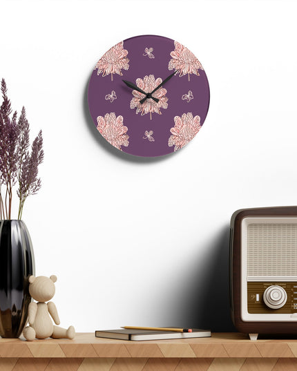 Pink Floral Butterflies Acrylic Wall Clock, Round or Square, 10.75" x 10.75"