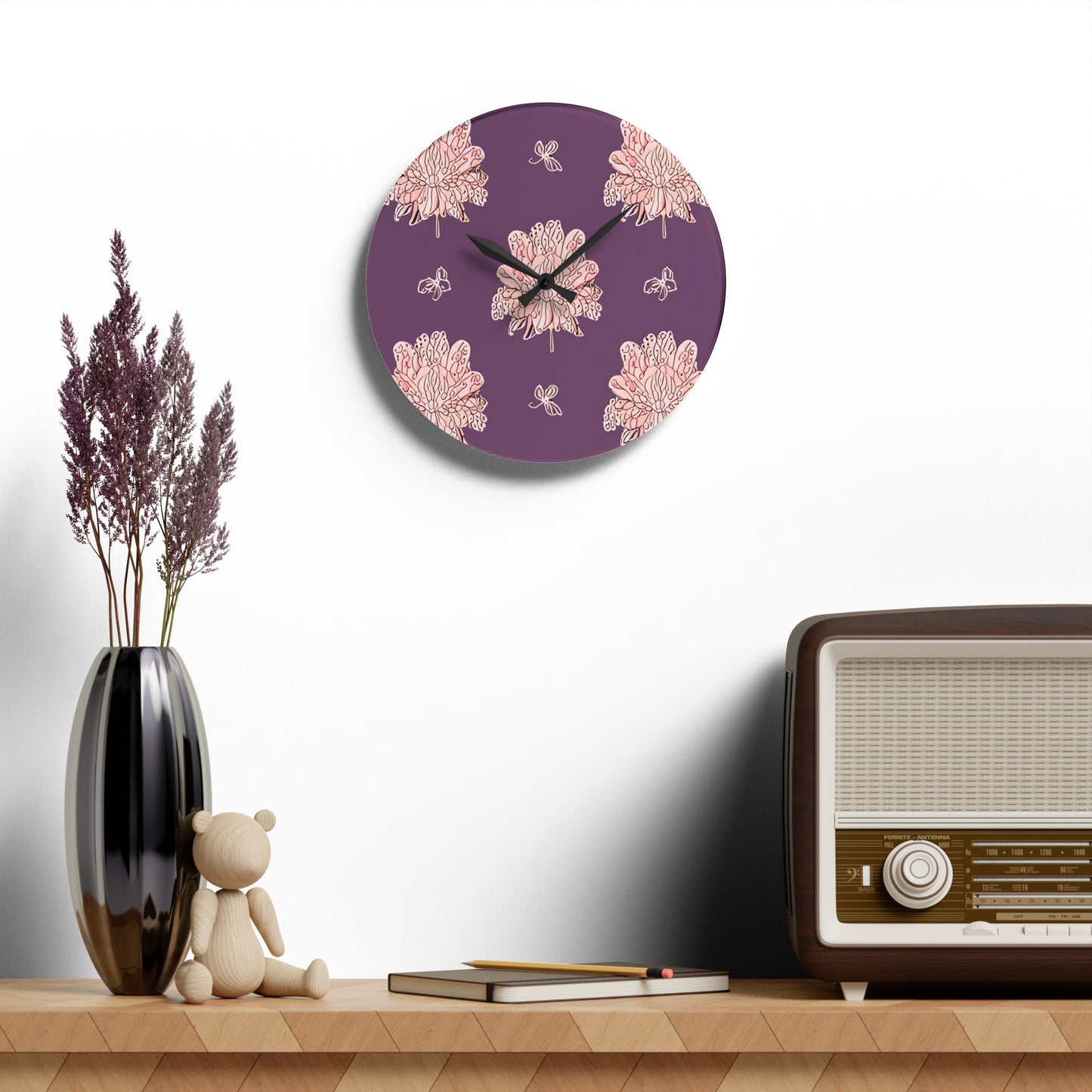 Pink Floral Butterflies Acrylic Wall Clock, Round or Square, 10.75" x 10.75"
