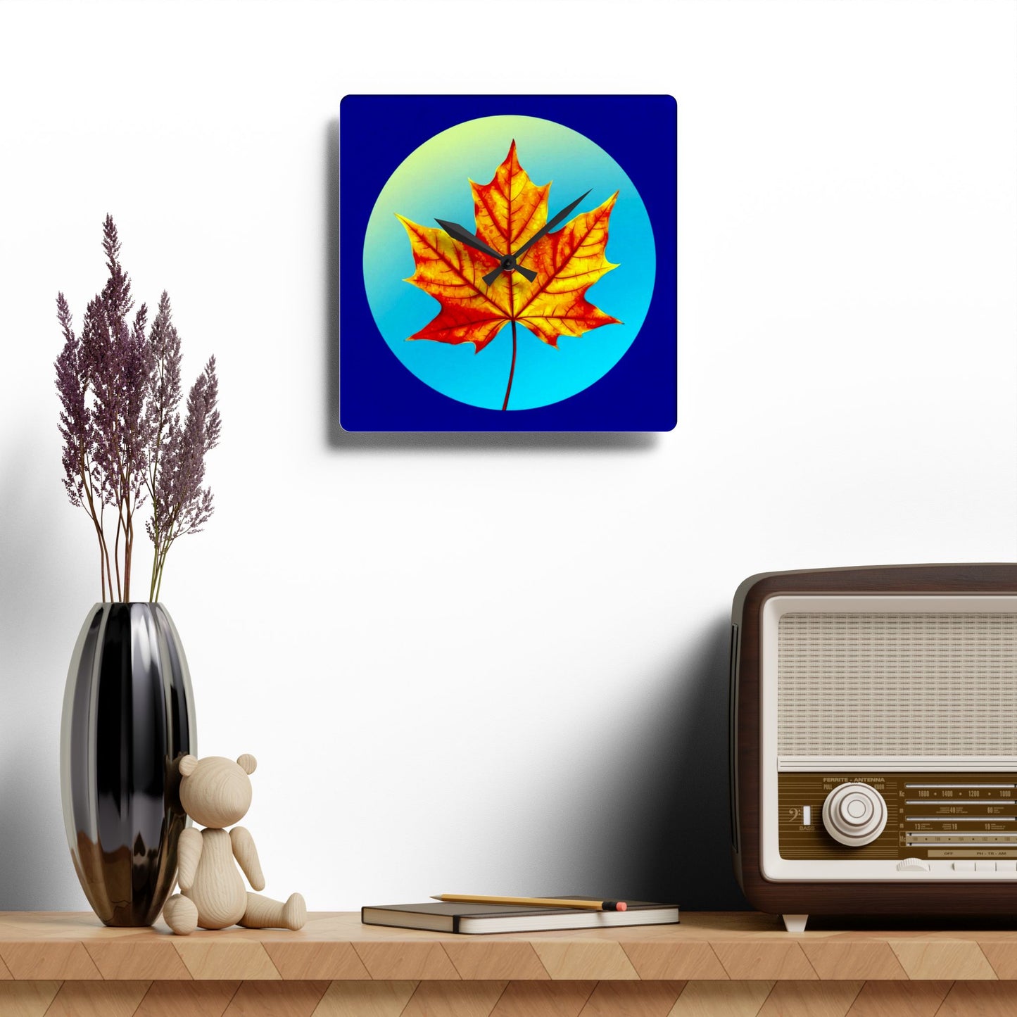 Alpha Maple Leaf Acrylic Wall Clock, Round or Square, 10.75" x 10.75"
