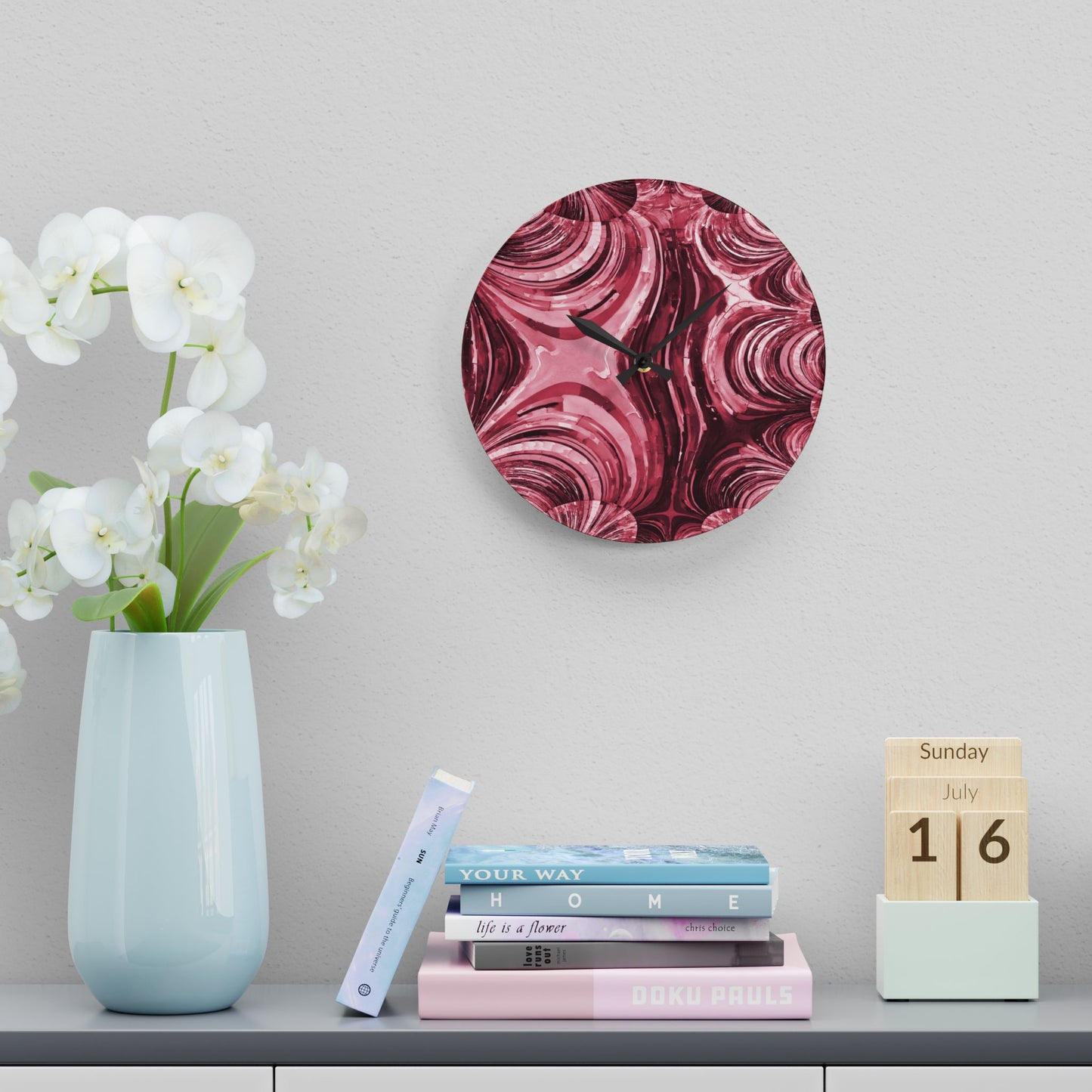 Uzi Spiral Ruby Acrylic Wall Clock, Round or Square, 10.75" x 10.75"