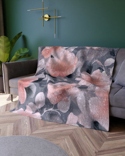 Peach and Blue Gray Floral Bunch Crushed Velvet Blanket, 50" x 60"