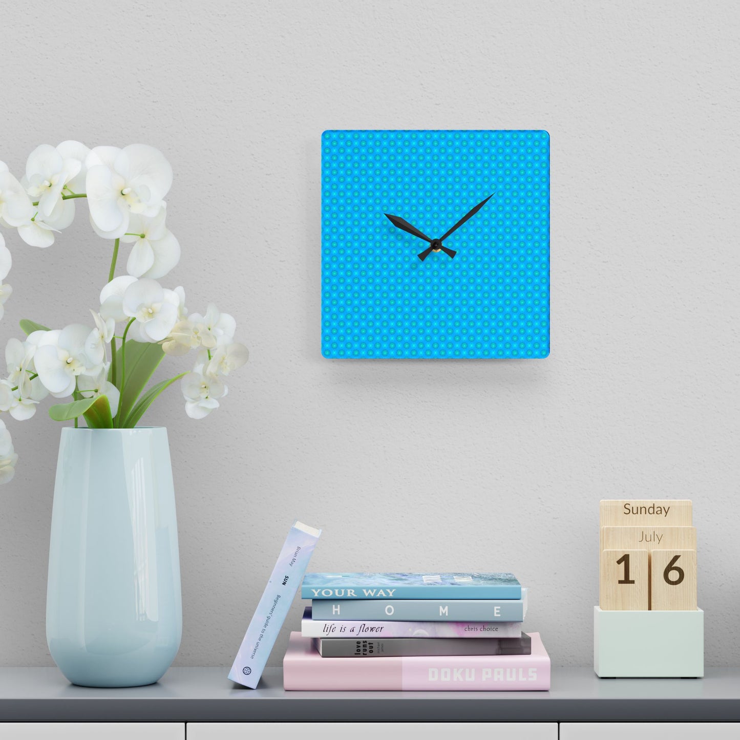 Blue Green Star-crossed Bodies Acrylic Wall Clock, Round or Square, 10.75" x 10.75"