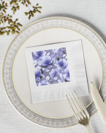 Indigo Blossom Floral Bunch White Coined Napkins, 4.8" x 4.8"