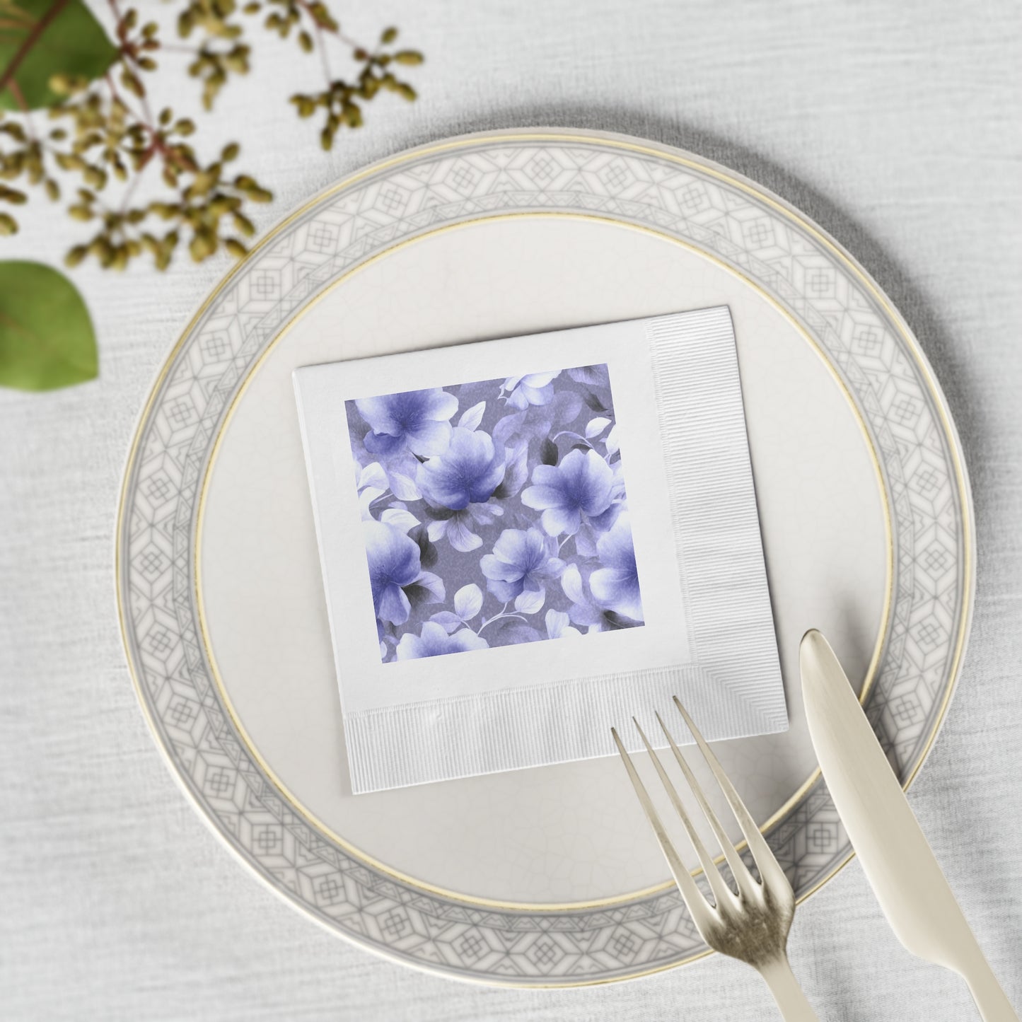 Indigo Blossom Floral Bunch White Coined Napkins, 4.8" x 4.8"