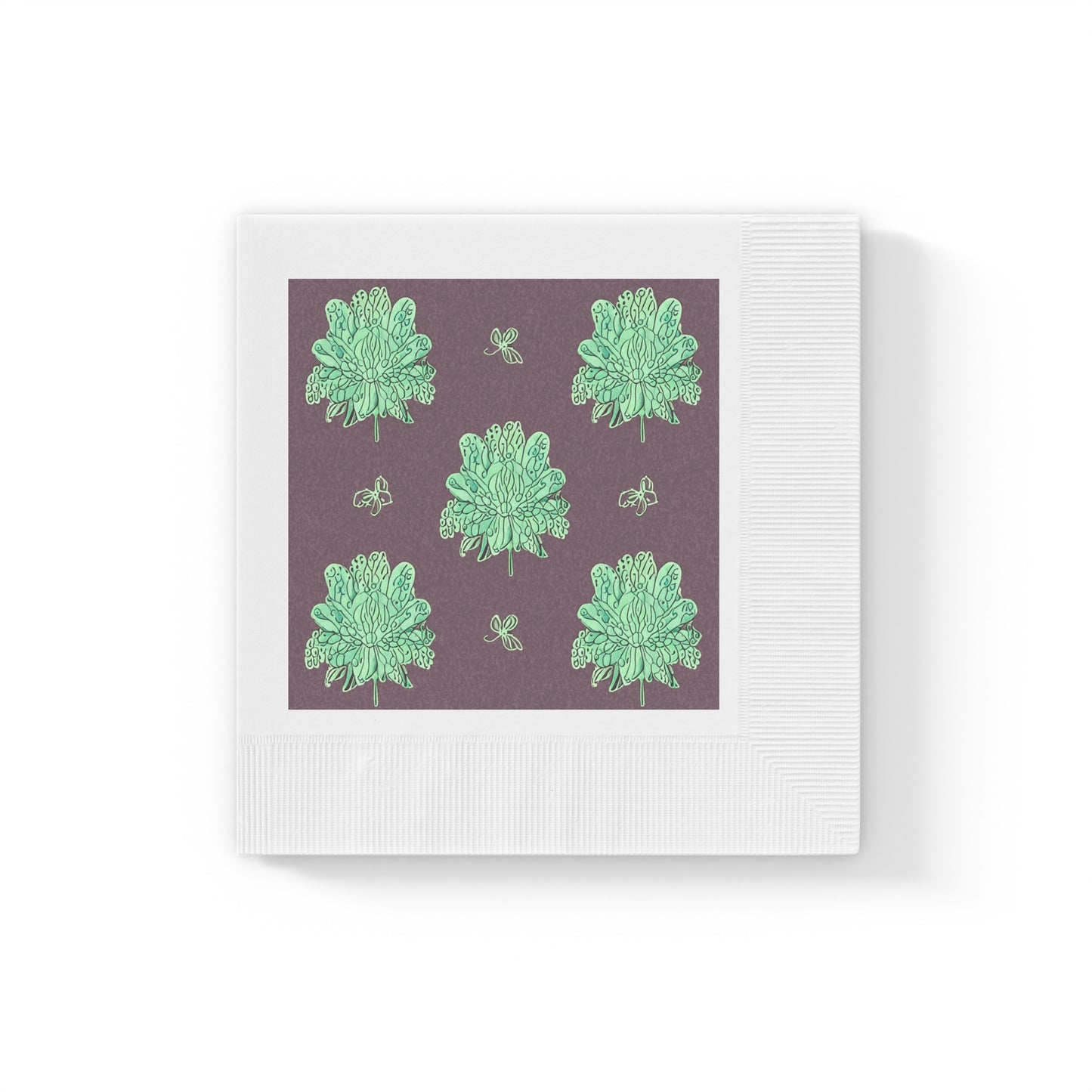 Mint Green Floral Butterflies White Coined Napkins, 6.5" x 6.5"
