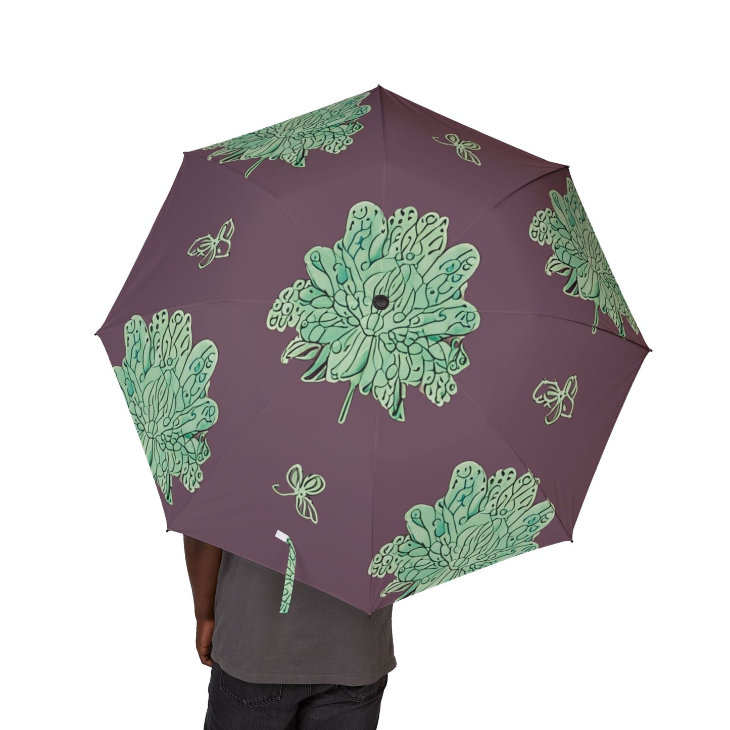 Mint Green Floral Butterflies Foldable Umbrella - Compact & Chic