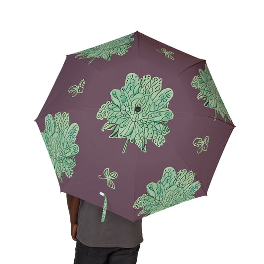 Mint Green Floral Butterflies Foldable Umbrella - Compact & Chic