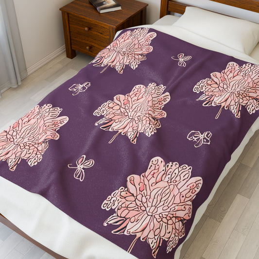 Pink Floral Butterflies Velveteen Plush Blanket, 50" x 60"