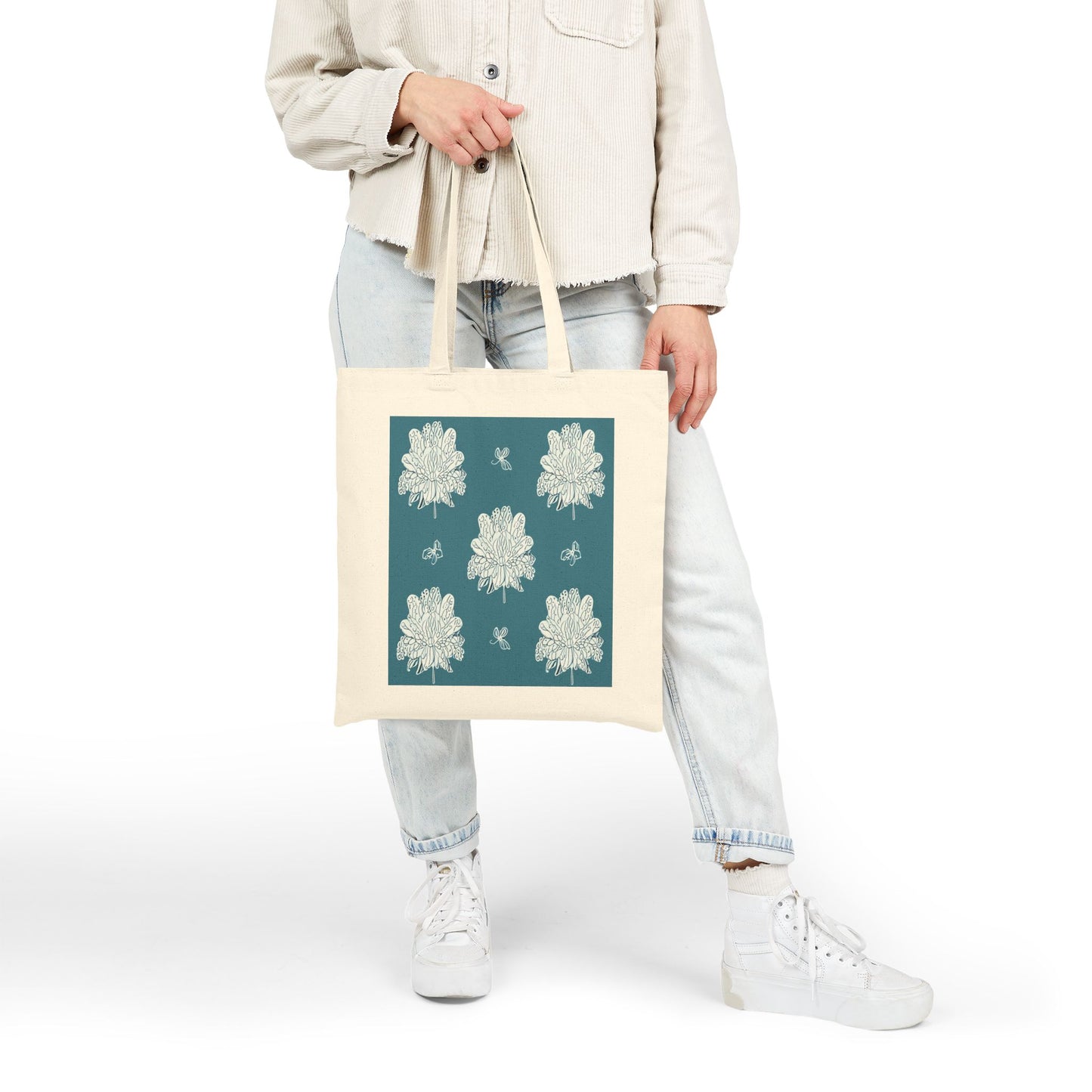 Tif Green White Floral Butterflies Cotton Canvas Tote Bag