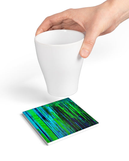 Striped Blue Green 4" x 4" Square Ceramic Coaster