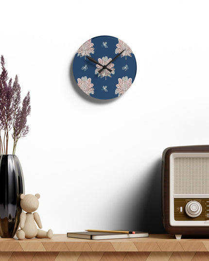 Rose White Floral Butterflies Acrylic Round Wall Clock, 8" x 8"