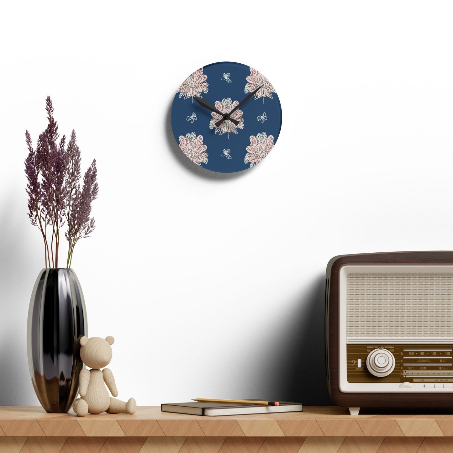 Rose White Floral Butterflies Acrylic Round Wall Clock, 8" x 8"