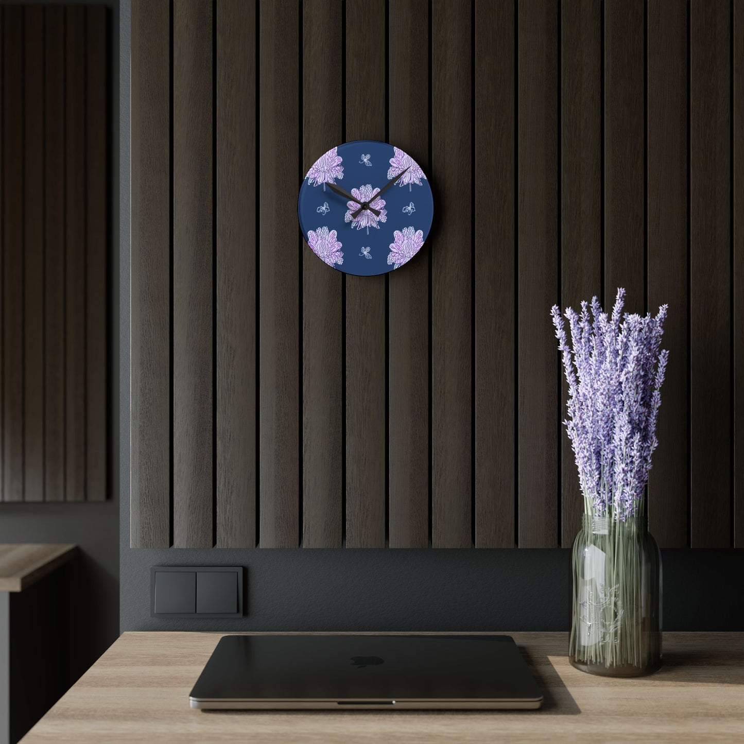 Purple White Floral Butterflies Acrylic Round Wall Clock, 8" x 8"