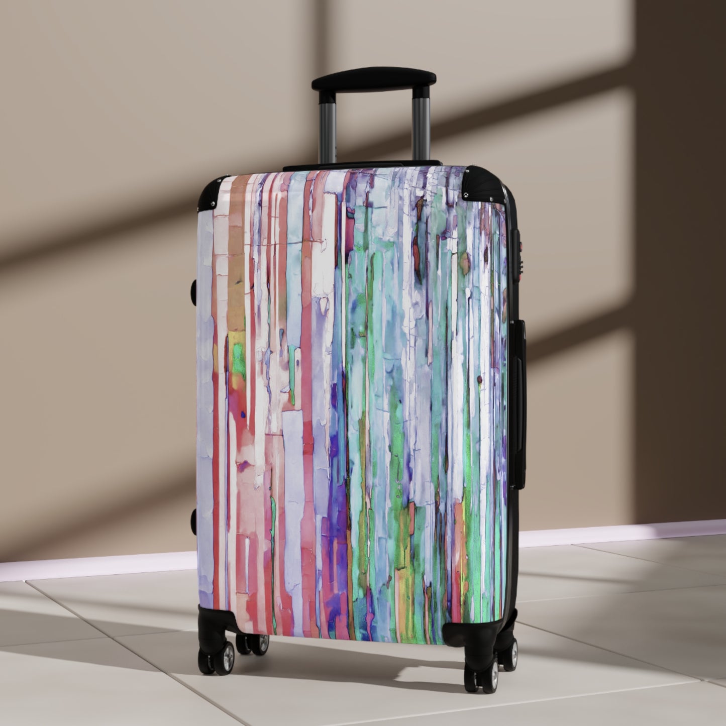 Striped Pastels Medium Suitcase with built in lock, 4 double-wheels, telescopic handle, and ABS back hard-shell