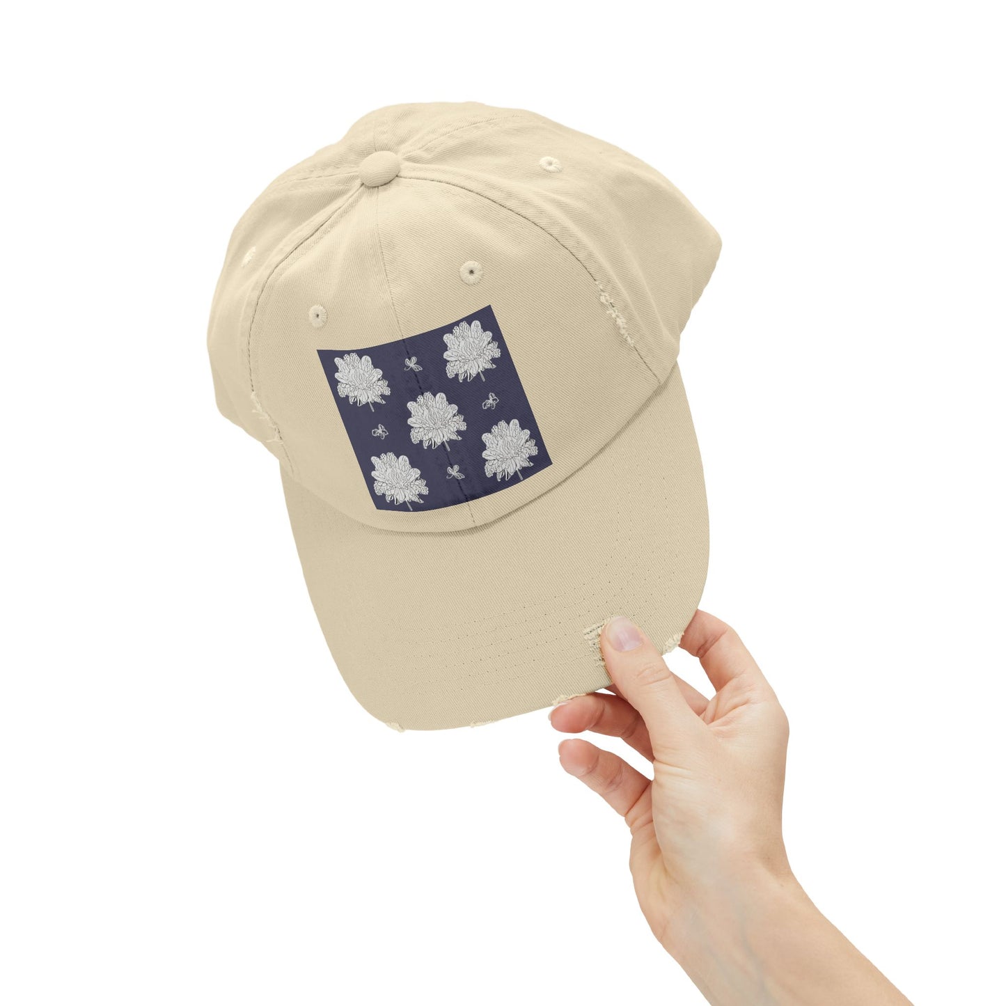White Floral Butterflies Unisex Distressed Cap