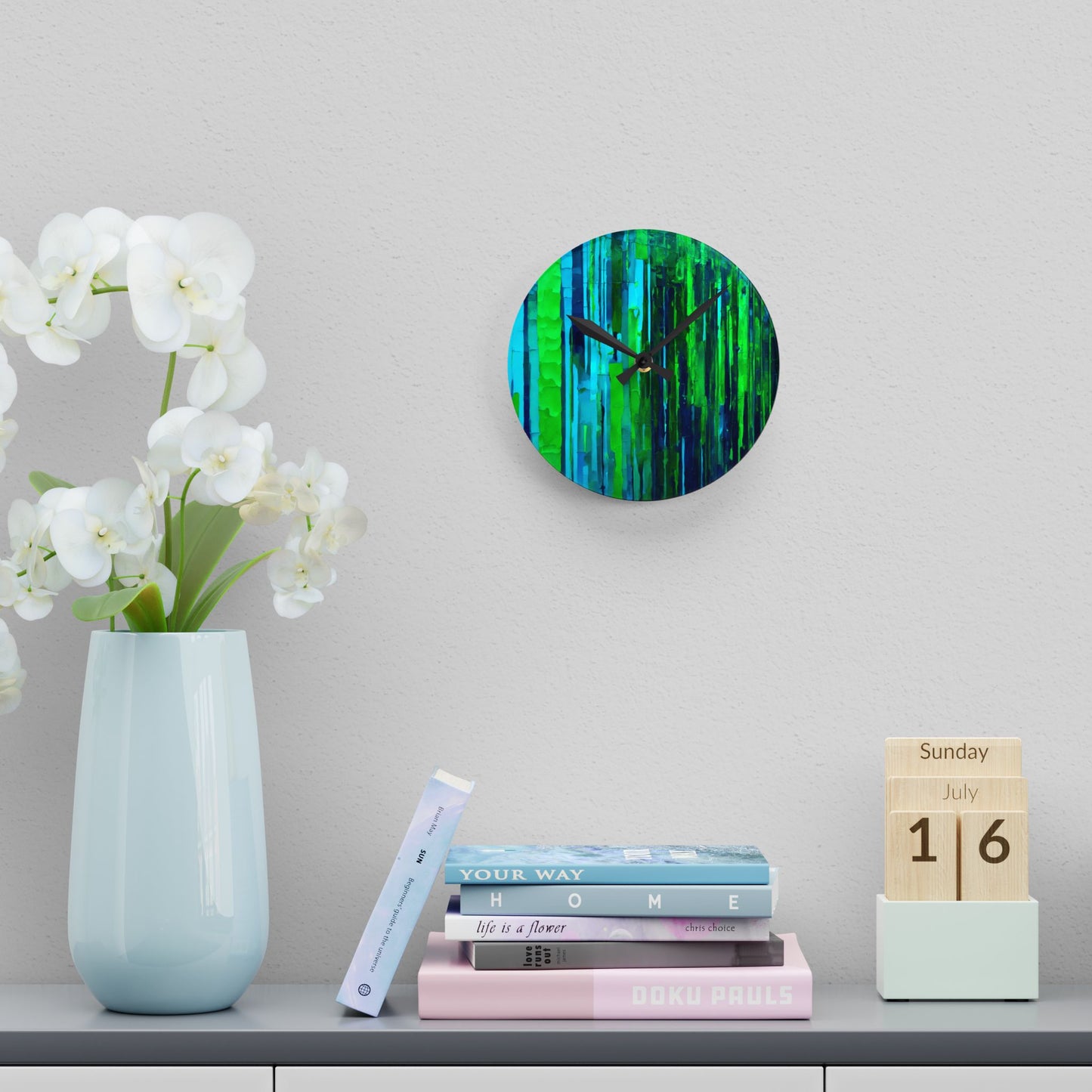 Striped Blue Green Acrylic Round Wall Clock, 8" x 8"